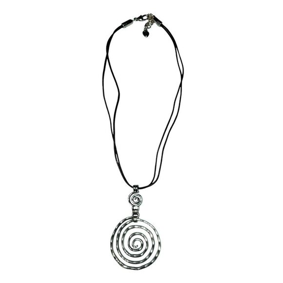 BRIGHTON SPIRALING CIRCLE NECKLACE WITH BLACK LEATHER STRAPS - Picture 1 of 4